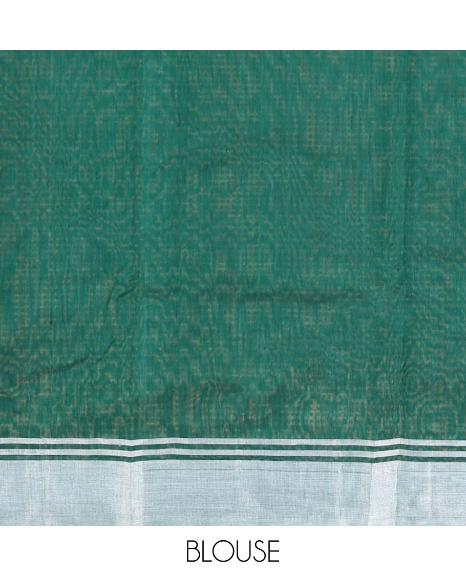 Dark green floral design chanderi cotton saree with self zari border & striped pallu - Image 5