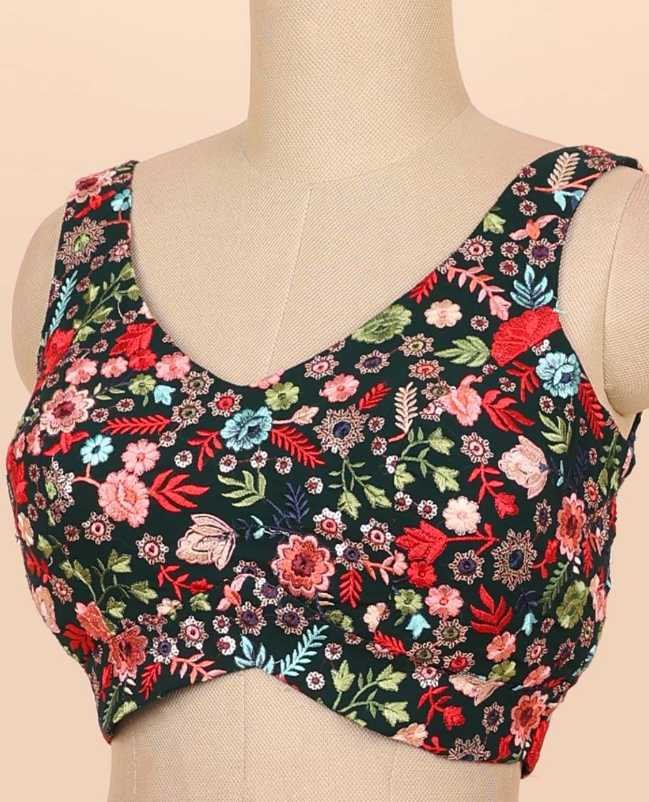Dark green floral embroidered front & back deep v-neck raw-silk readymade sleeveless blouse - Image 3