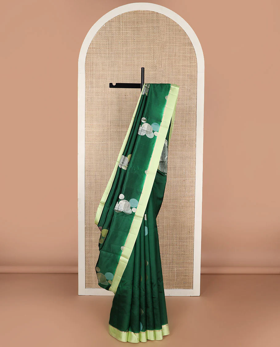 Dark green geometric design raw mango silk saree with contrast border