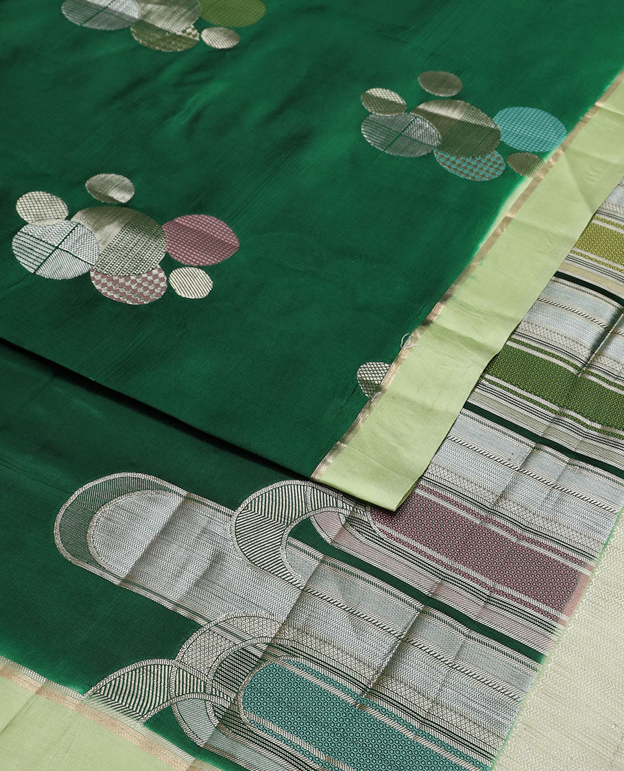 Dark green geometric design raw mango silk saree with contrast border - Image 2