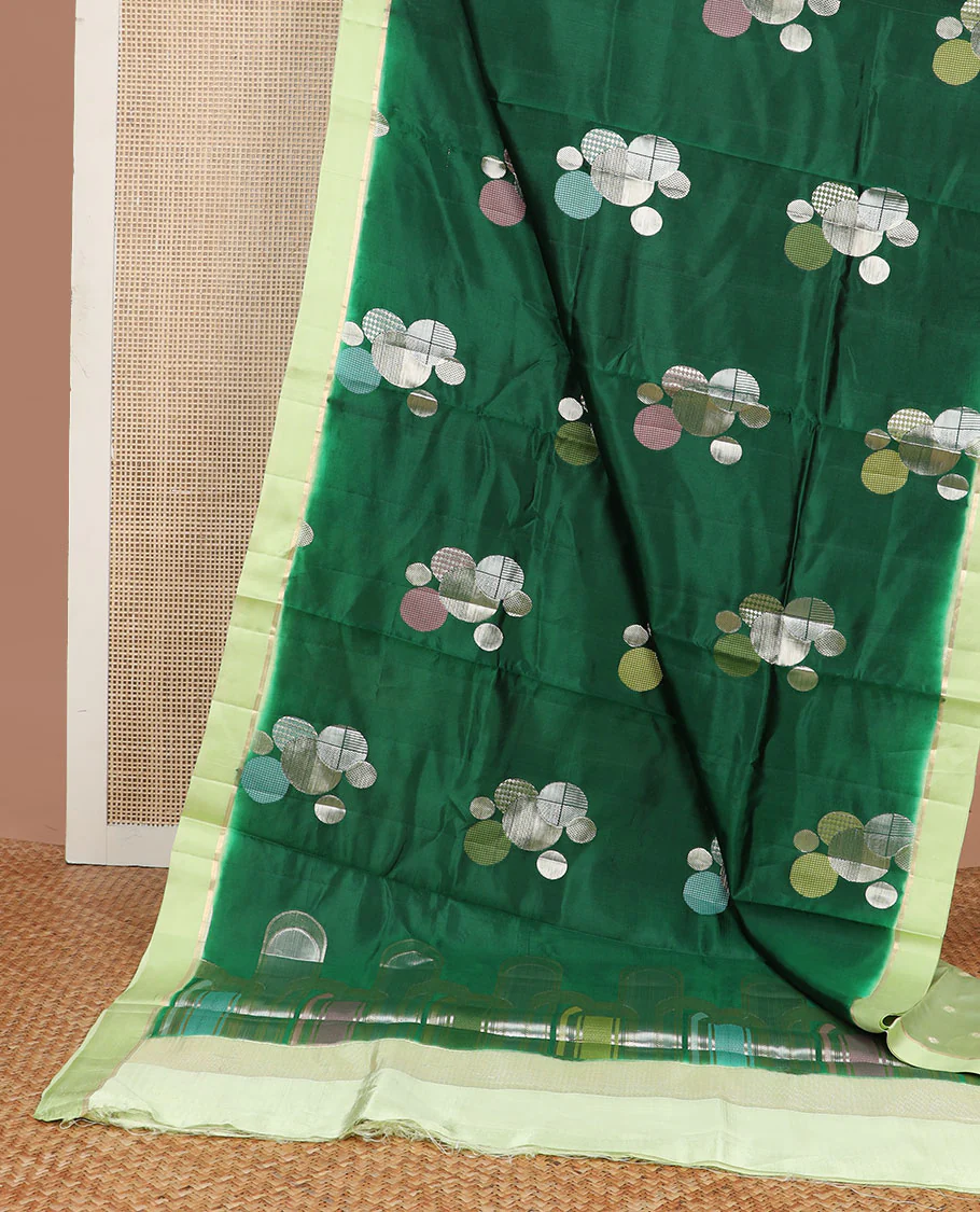 Dark green geometric design raw mango silk saree with contrast border - Image 3