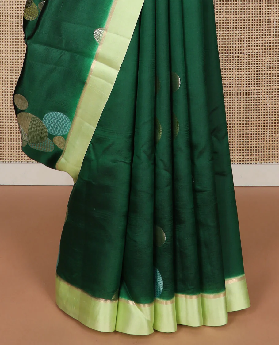 Dark green geometric design raw mango silk saree with contrast border - Image 5