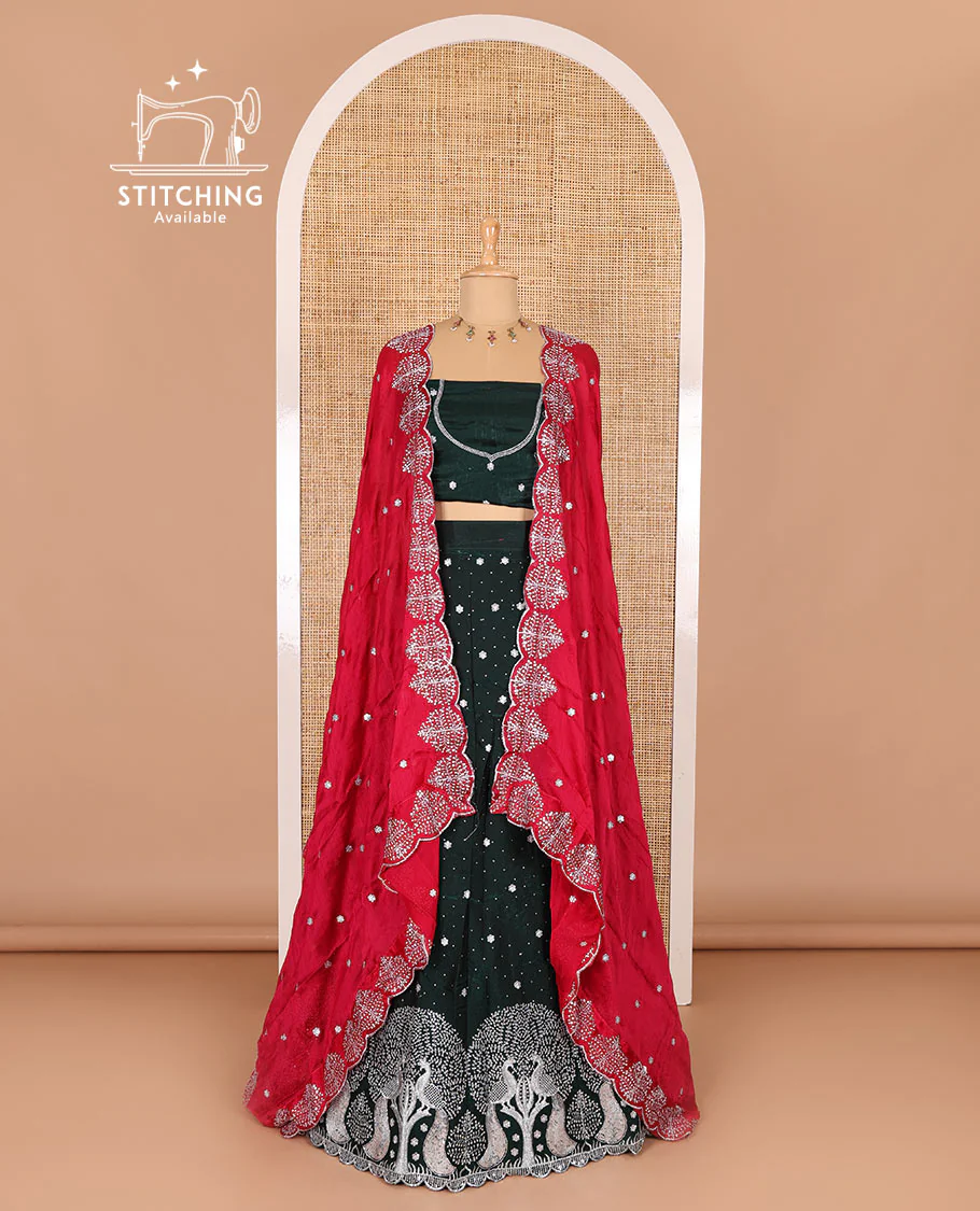 Dark green half-saree, buttas, tree, and peacock motifs embroidered semi-taffeta silk top, matching blouse, and contrast scallop embroidered dhavani - Image 2