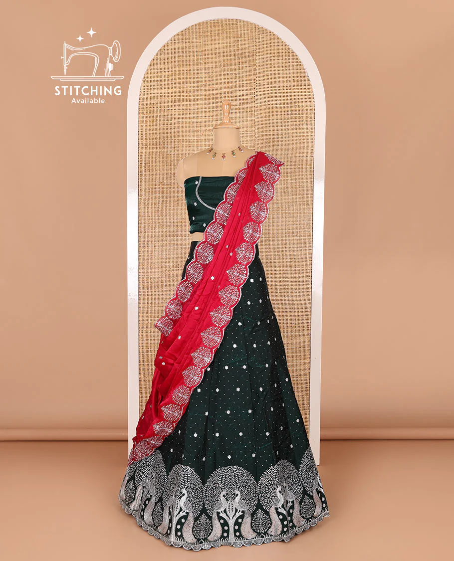 Dark green half-saree, buttas, tree, and peacock motifs embroidered semi-taffeta silk top, matching blouse, and contrast scallop embroidered dhavani - Image 3