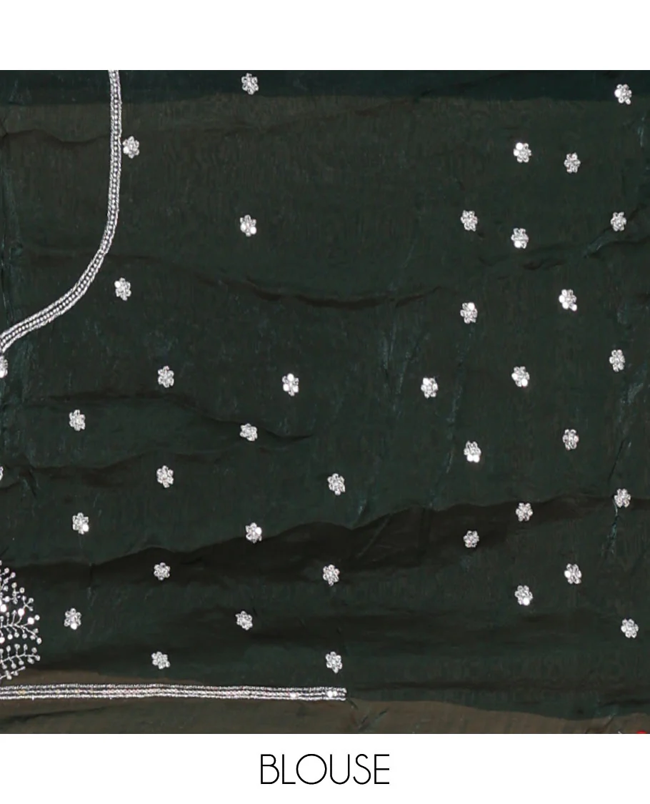Dark green half-saree, buttas, tree, and peacock motifs embroidered semi-taffeta silk top, matching blouse, and contrast scallop embroidered dhavani - Image 4