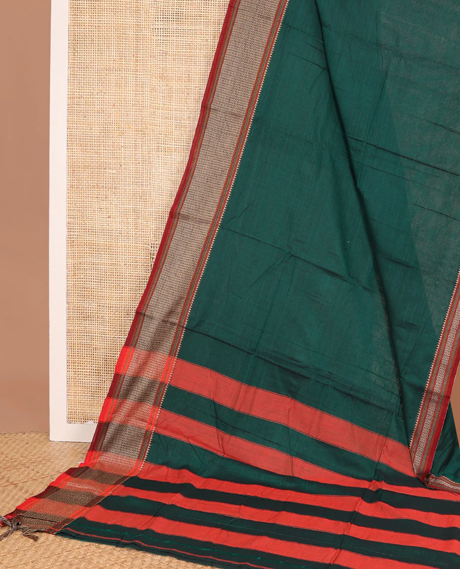Dark green plain Narayanapet cotton saree, contrast geometric patterned thread border, and striped pallu - Image 2