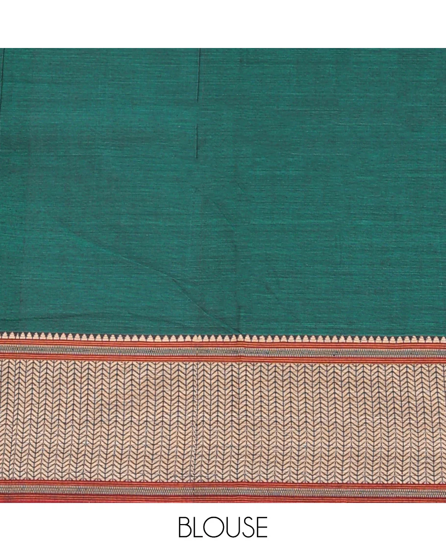Dark green plain Narayanapet cotton saree, contrast geometric patterned thread border, and striped pallu - Image 3