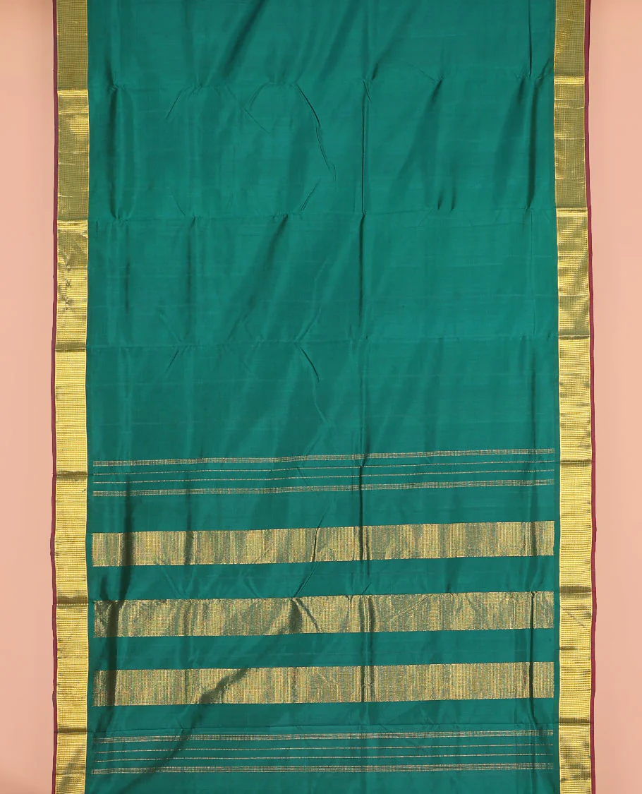 Dark green plain nine-yard silk saree, zari border, and pallu of zari designs - Image 2