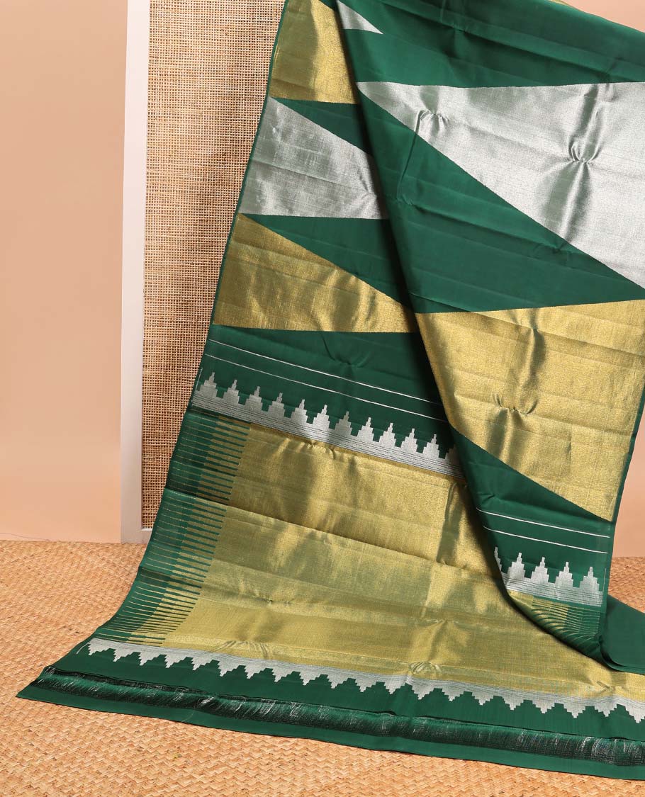 Dark green temple design kanchipuram designer silk saree with bhavanji design pallu - Image 3