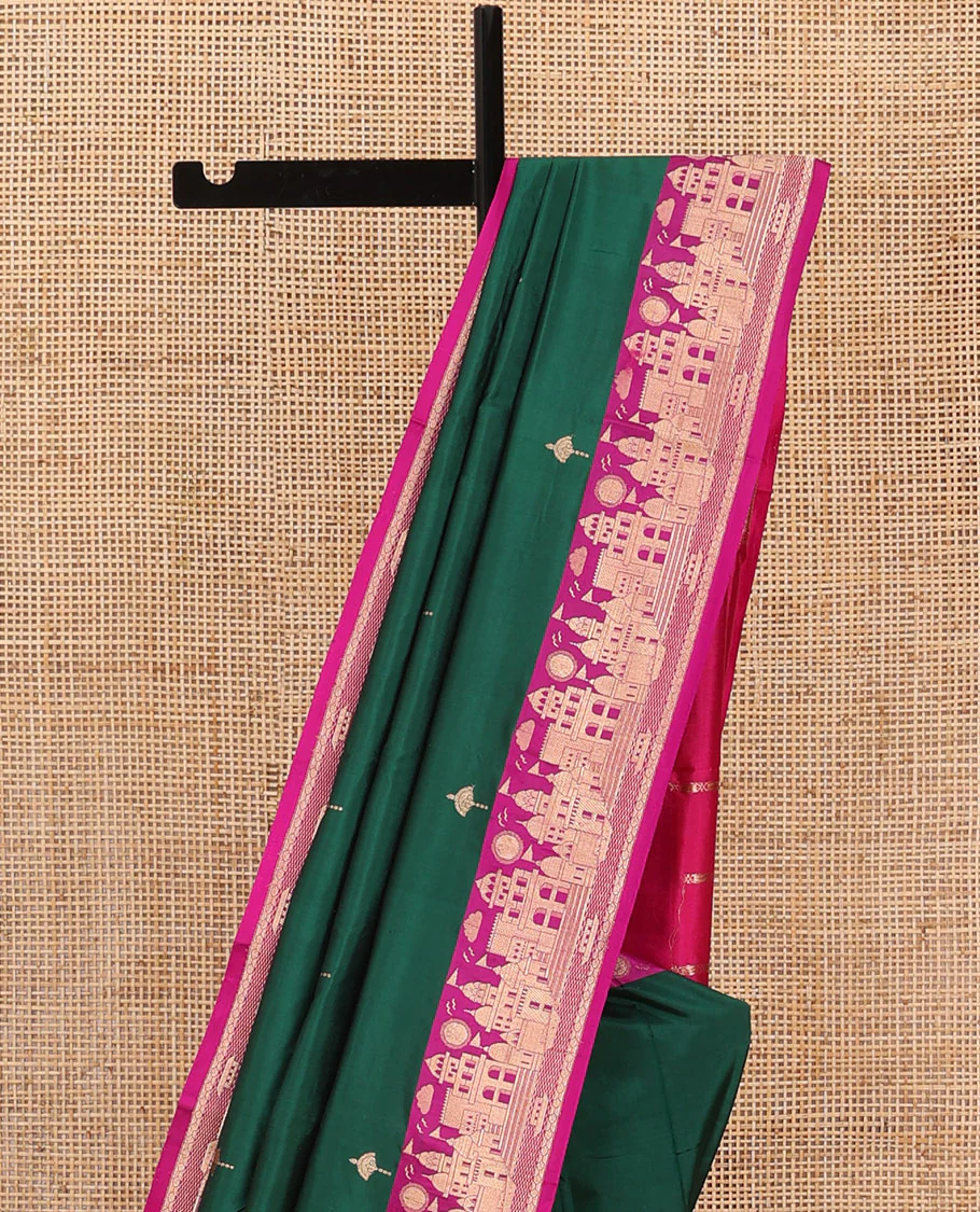 Dark green zari buttas katan silk saree, contrast Mughal style buildings featured border, and pallu mirroring the same border design - Image 3
