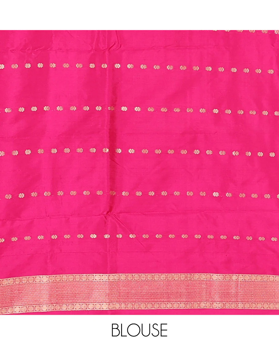 Dark green zari buttas katan silk saree, contrast Mughal style buildings featured border, and pallu mirroring the same border design - Image 5