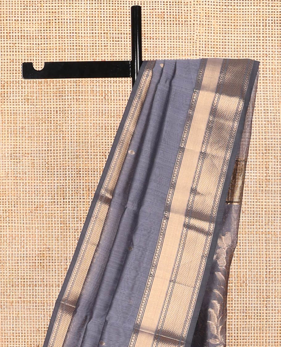 Dark grey floral motifs chanderi cotton saree with contrast zari design border & striped, floral design pallu - Image 3