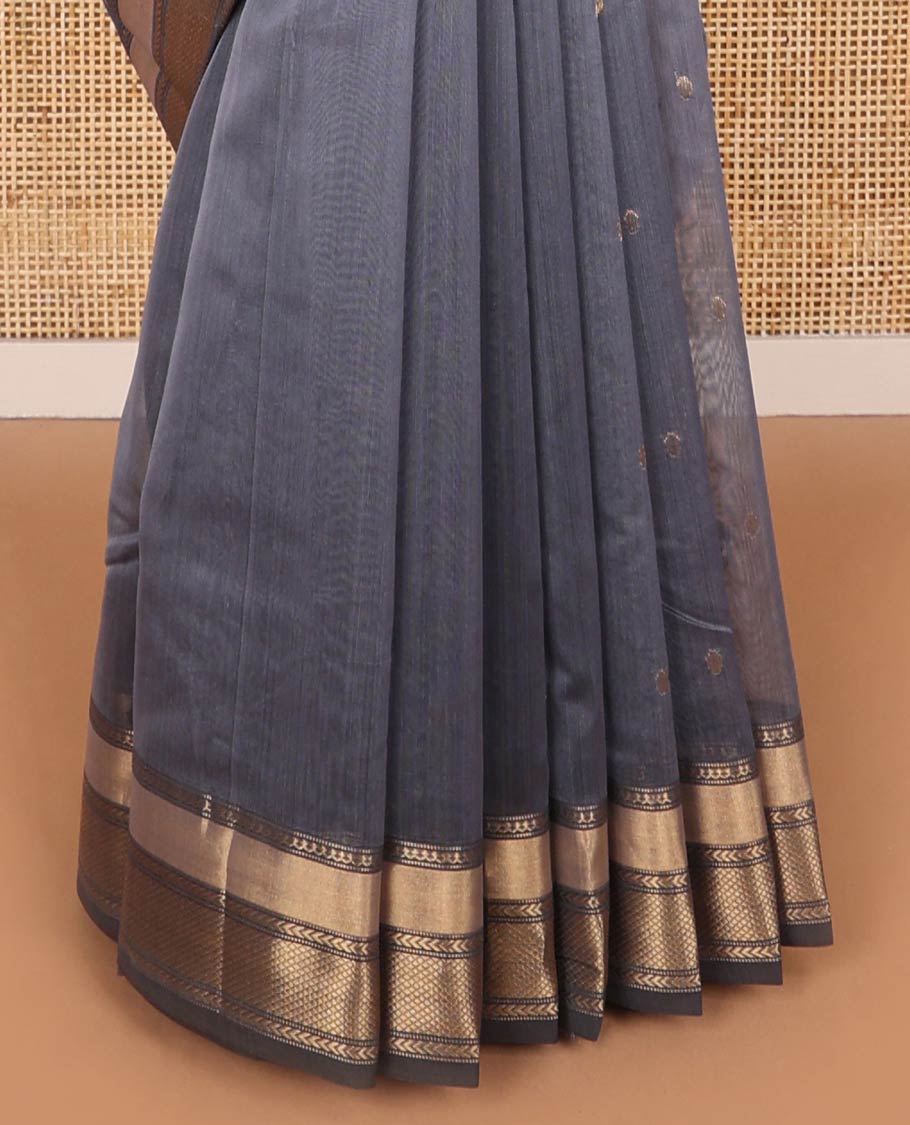 Dark grey floral motifs chanderi cotton saree with contrast zari design border & striped, floral design pallu - Image 4