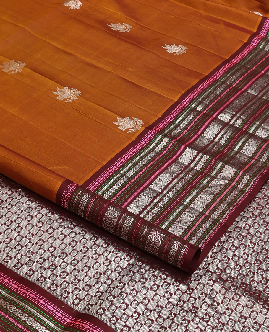 Dark mustard bird zari buttas Venkatagiri silk saree, contrast traditional design steeped border, and intricate pallu - Image 2