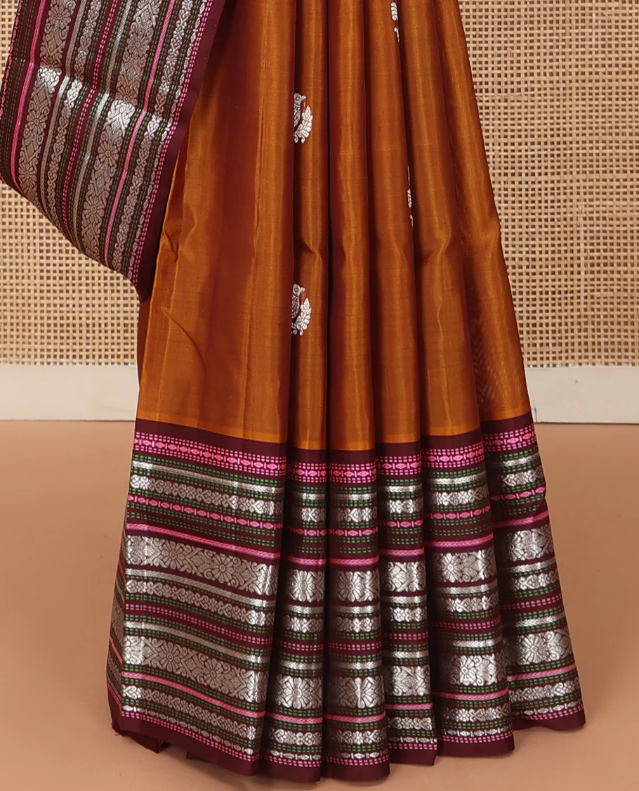 Dark mustard bird zari buttas Venkatagiri silk saree, contrast traditional design steeped border, and intricate pallu - Image 5