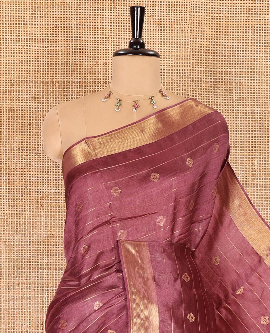 Dark onion zari buttas and striped banana pith saree, bavanji border, zari striped pallu, and a matching blouse - Image 2
