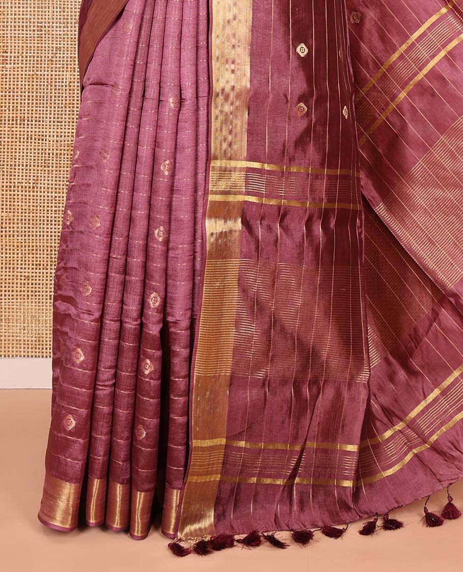 Dark onion zari buttas and striped banana pith saree, bavanji border, zari striped pallu, and a matching blouse - Image 3