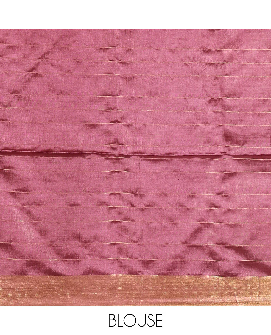 Dark onion zari buttas and striped banana pith saree, bavanji border, zari striped pallu, and a matching blouse - Image 4