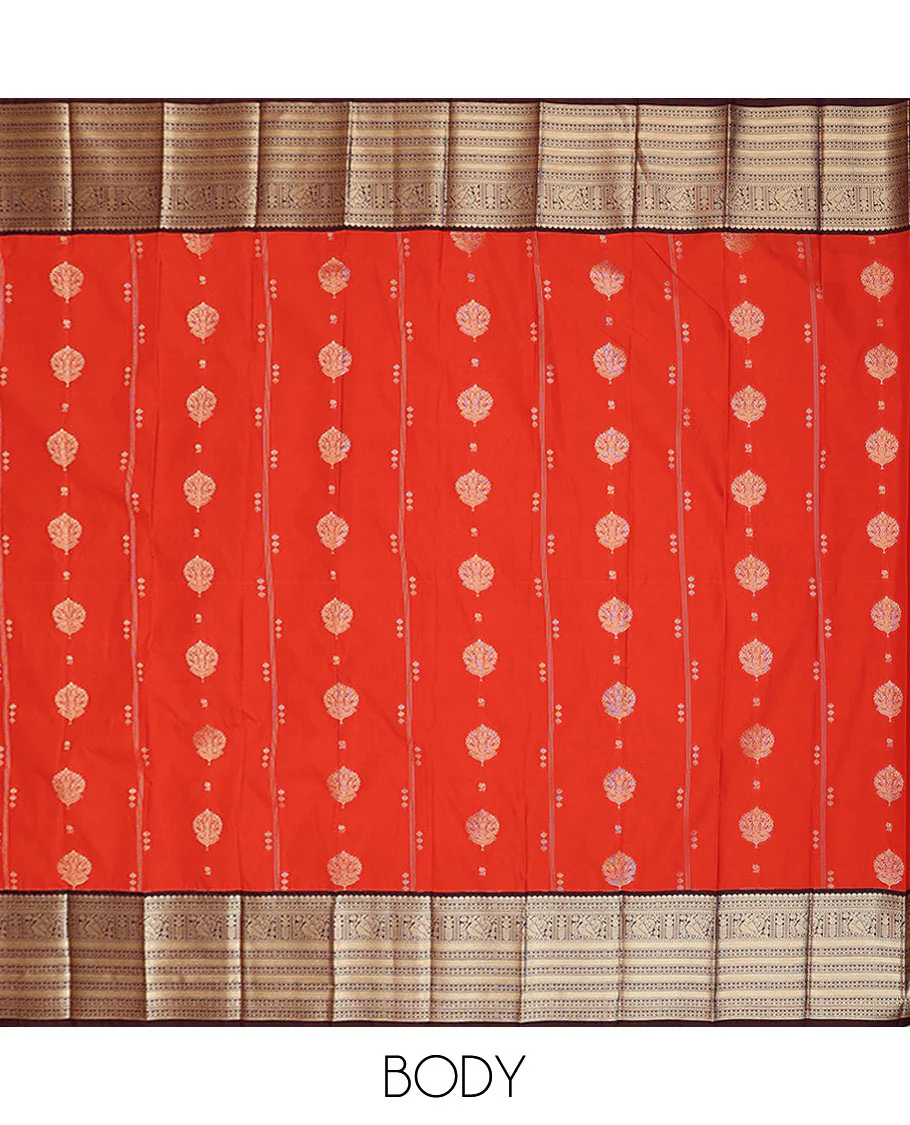Dark orange zari buttas budget silk saree, contrast traditional zari design border, and jaal pallu - Image 3