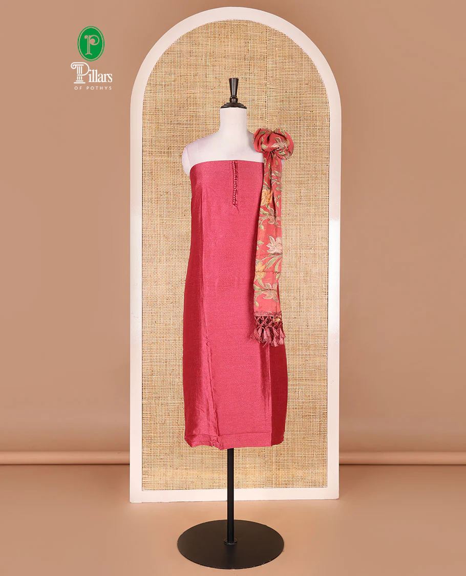 Dark peach material chudidar set, plain with fancy thermacol balls neck work Vichitra top, cotton bottom, and floral printed dupatta