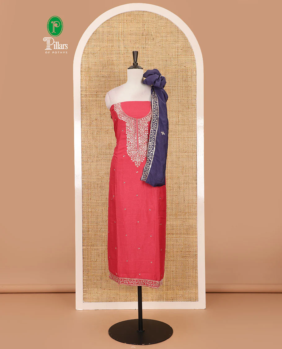 Dark peach Vichitra silk material chudidar set, floral design neck embroidered top, santoon bottom & contrast embroidered Vichitra silk dupatta