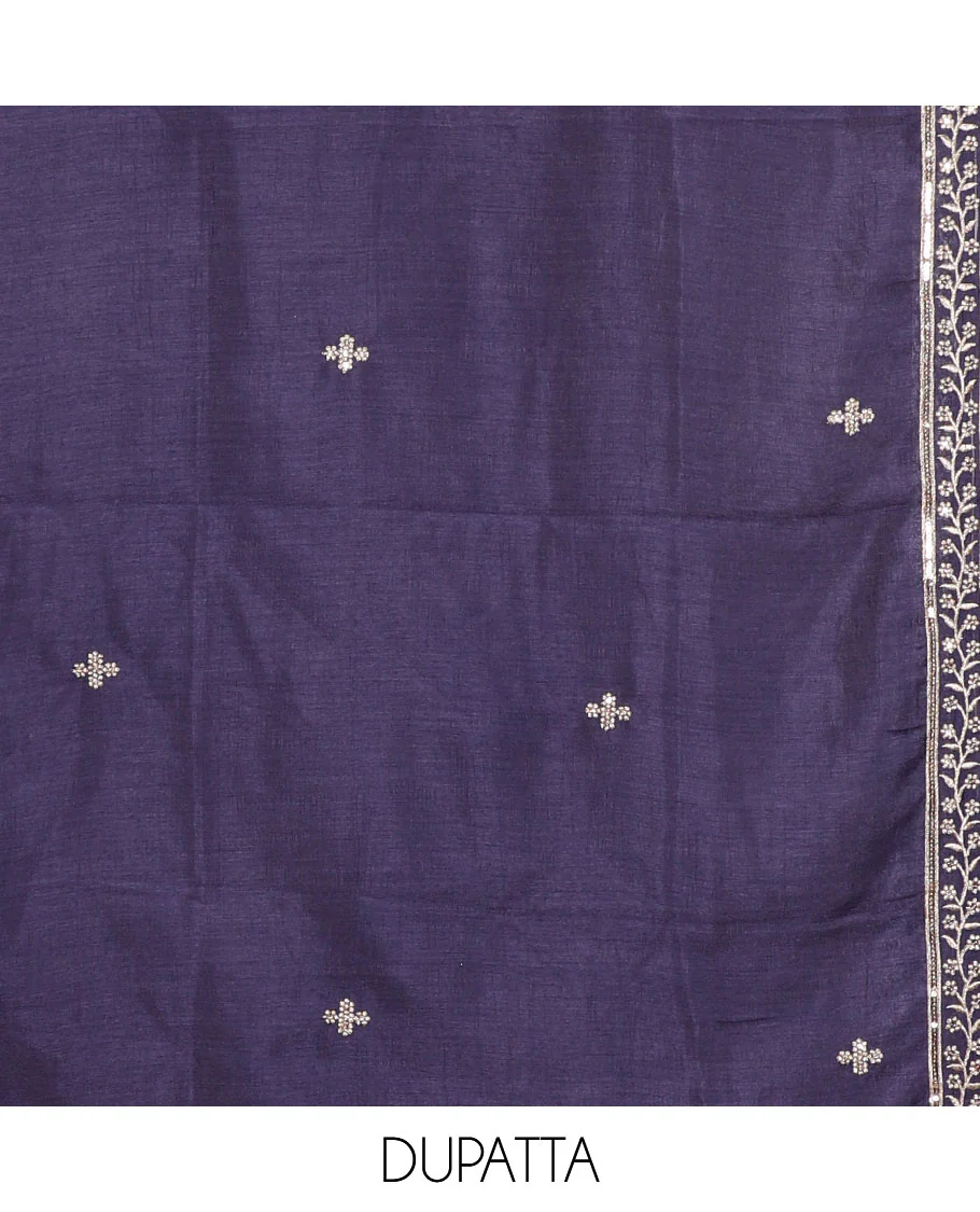 Dark peach Vichitra silk material chudidar set, floral design neck embroidered top, santoon bottom & contrast embroidered Vichitra silk dupatta - Image 2