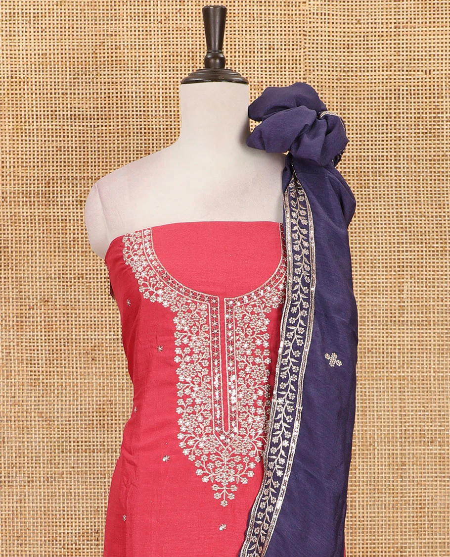 Dark peach Vichitra silk material chudidar set, floral design neck embroidered top, santoon bottom & contrast embroidered Vichitra silk dupatta - Image 3
