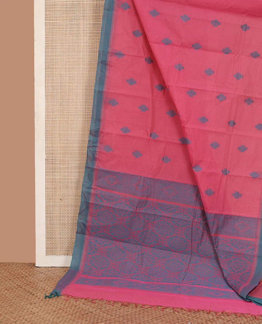 Dark pink buttas kanchi cotton saree, contrast plain border, and intricate pallu - Image 2