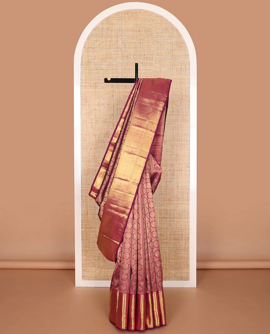 Magenta Jacquard Samudrika silk saree, zari border of rudraksham and vanki designs, and kodi visiry design pallu
