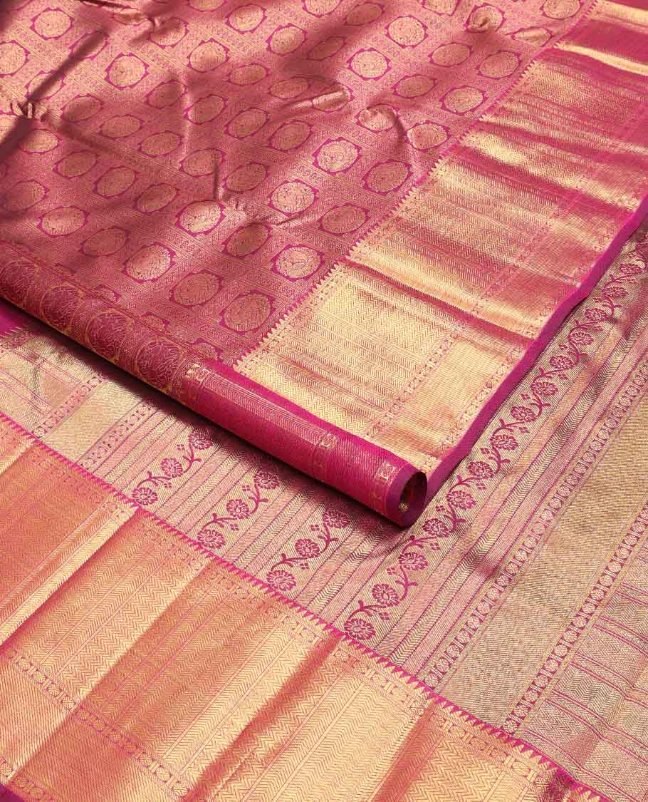 Magenta Jacquard Samudrika silk saree, zari border of rudraksham and vanki designs, and kodi visiry design pallu - Image 2