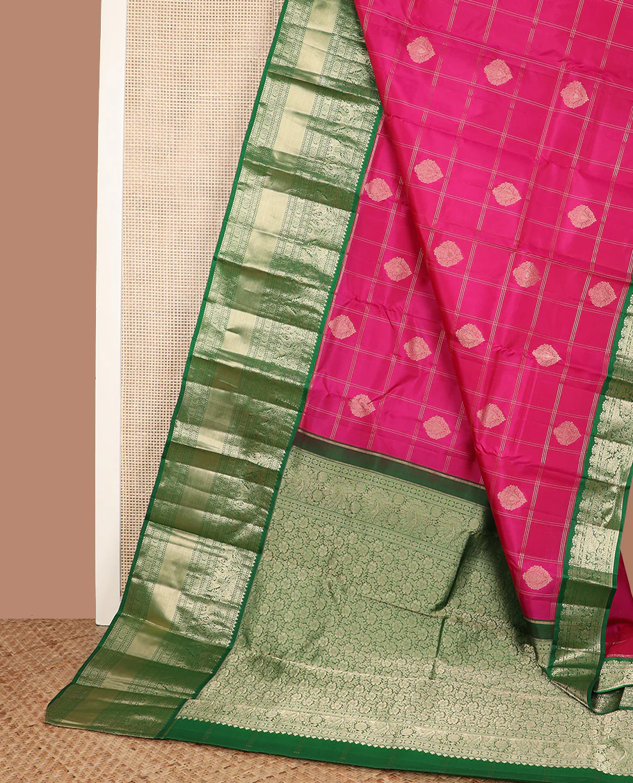 Dark pink zari buttas and checked Vasundhara silk saree, contrast border of rekku, muthu, diamond, yaanai, and chakram designs, and floral jaal pallu - Image 3