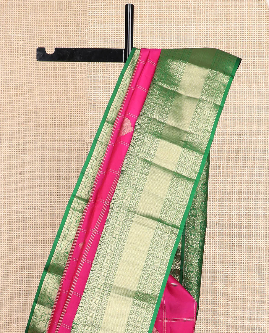 Dark pink zari buttas and checked Vasundhara silk saree, contrast border of rekku, muthu, diamond, yaanai, and chakram designs, and floral jaal pallu - Image 4
