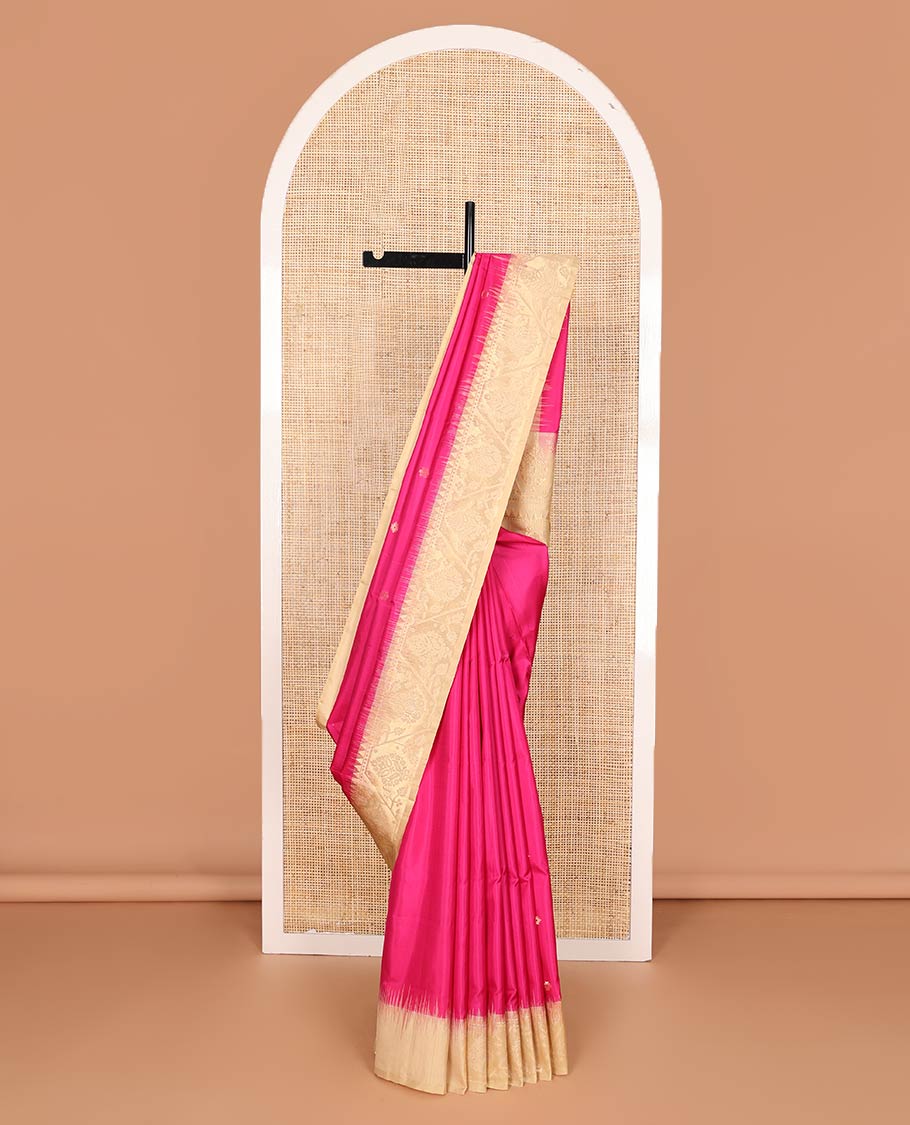 Dark pink zari buttas Mayuri soft silk saree, contrast border, and pallu of paithani-style motifs weave