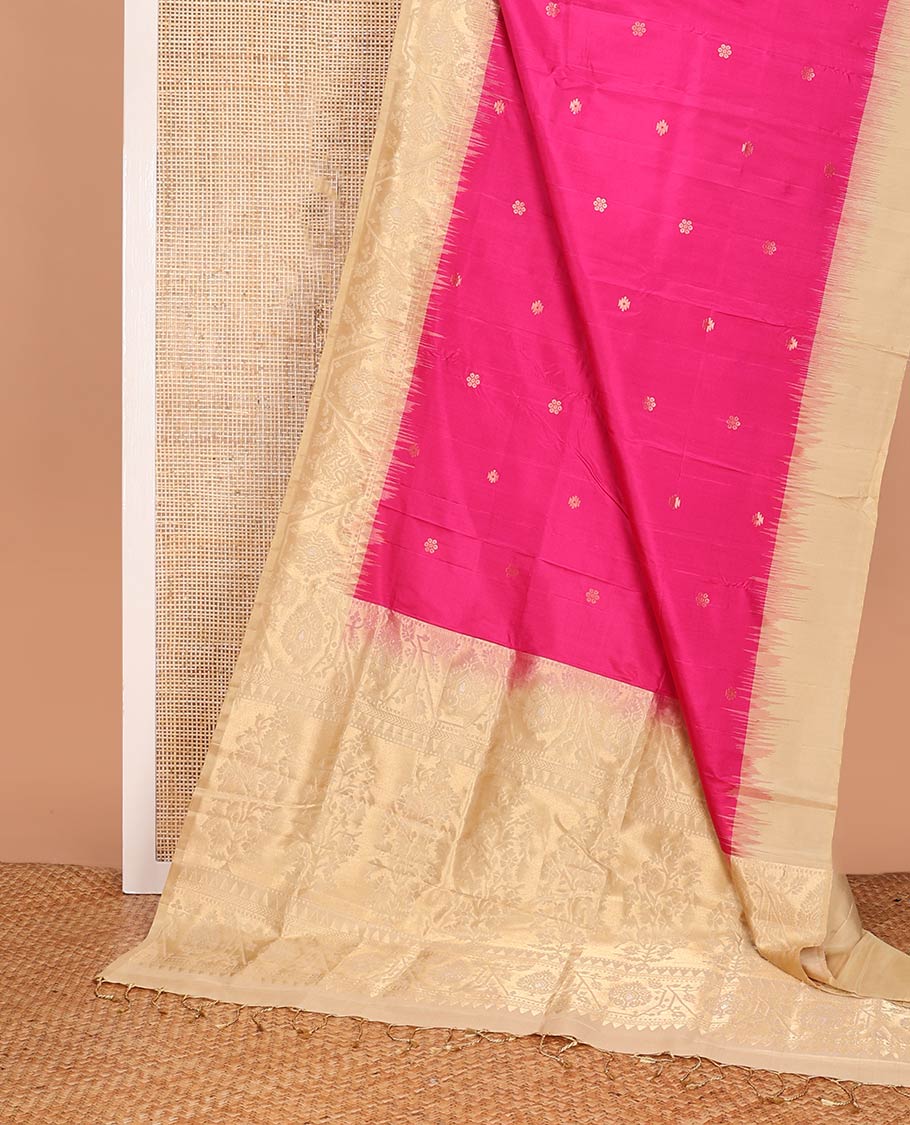 Dark pink zari buttas Mayuri soft silk saree, contrast border, and pallu of paithani-style motifs weave - Image 3