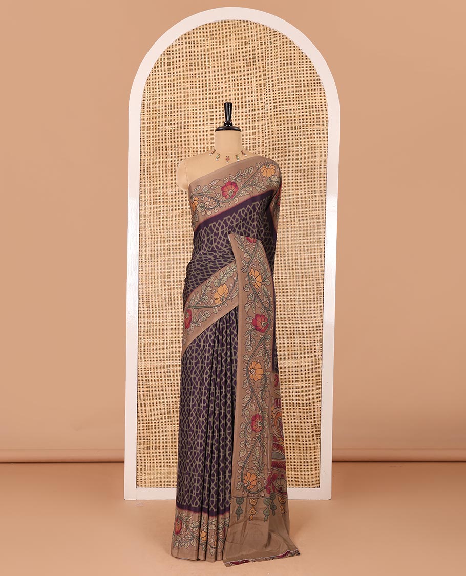 Dark purple Abstract printed Italian crepe saree, contrast kalamkari floral vine printed border, kalamkari printed pallu, and kalamkari printed blouse - Image 2