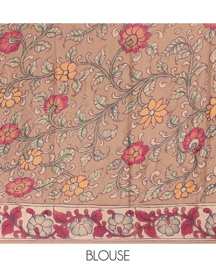 Dark purple Abstract printed Italian crepe saree, contrast kalamkari floral vine printed border, kalamkari printed pallu, and kalamkari printed blouse - Image 4