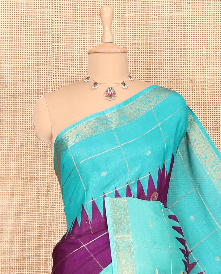 Dark violet and rama zari butta enclosed checked dola silk saree, contrast temple traditional motifs border, paisley motifs printed pallu, and a contrast butta enclosed checked blouse - Image 2