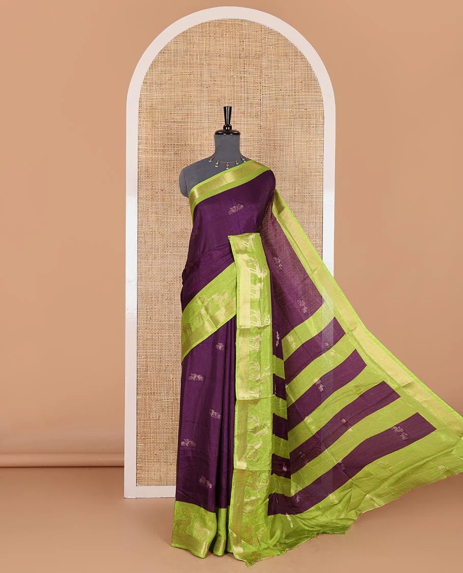 Dark violet deer copper zari buttas dola silk saree, contrast chevron and deer motifs zari border, deer motifs pallu, and contrast deer motifs blouse