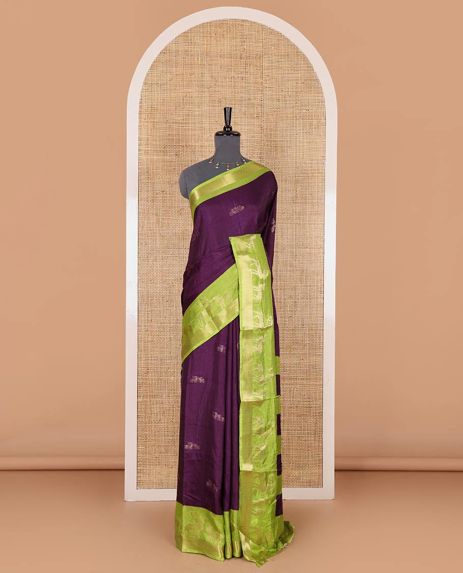 Dark violet deer copper zari buttas dola silk saree, contrast chevron and deer motifs zari border, deer motifs pallu, and contrast deer motifs blouse - Image 2