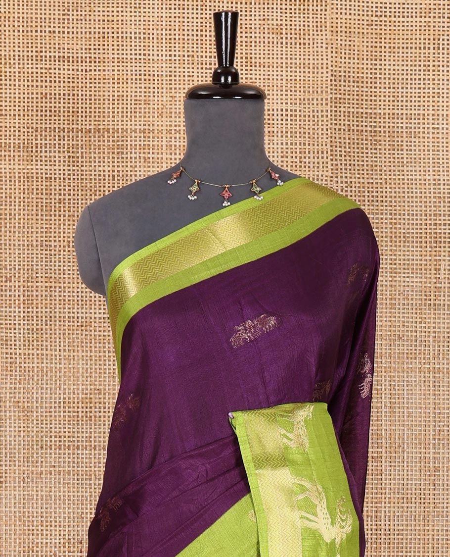 Dark violet deer copper zari buttas dola silk saree, contrast chevron and deer motifs zari border, deer motifs pallu, and contrast deer motifs blouse - Image 3