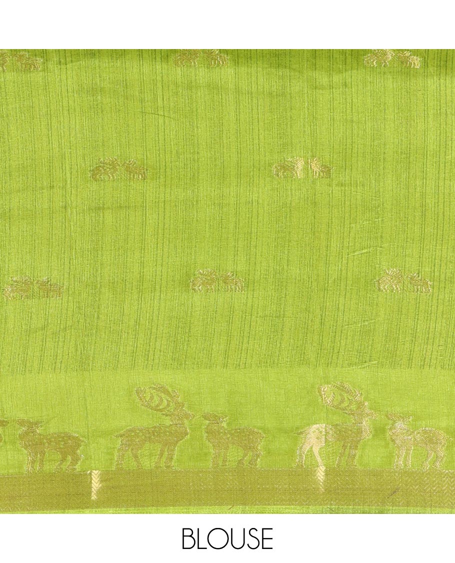 Dark violet deer copper zari buttas dola silk saree, contrast chevron and deer motifs zari border, deer motifs pallu, and contrast deer motifs blouse - Image 4