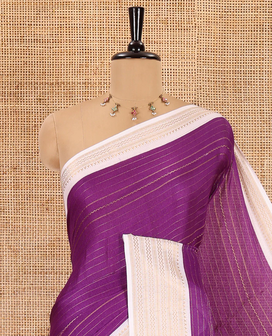Dark violet horizontal striped moss chiffon saree, contrast traditional zari border, geometric patterns printed pallu, and a printed blouse - Image 2