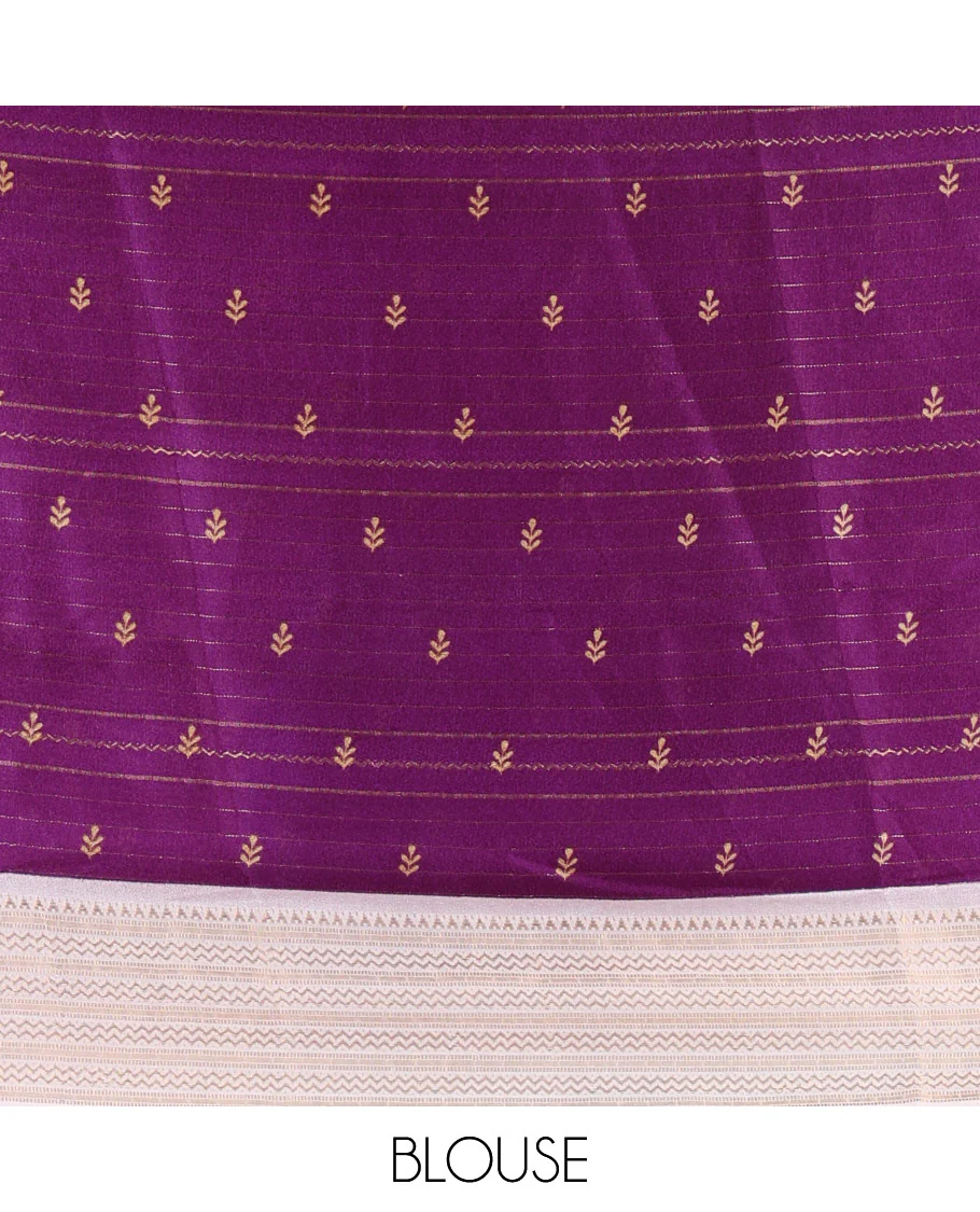 Dark violet horizontal striped moss chiffon saree, contrast traditional zari border, geometric patterns printed pallu, and a printed blouse - Image 3