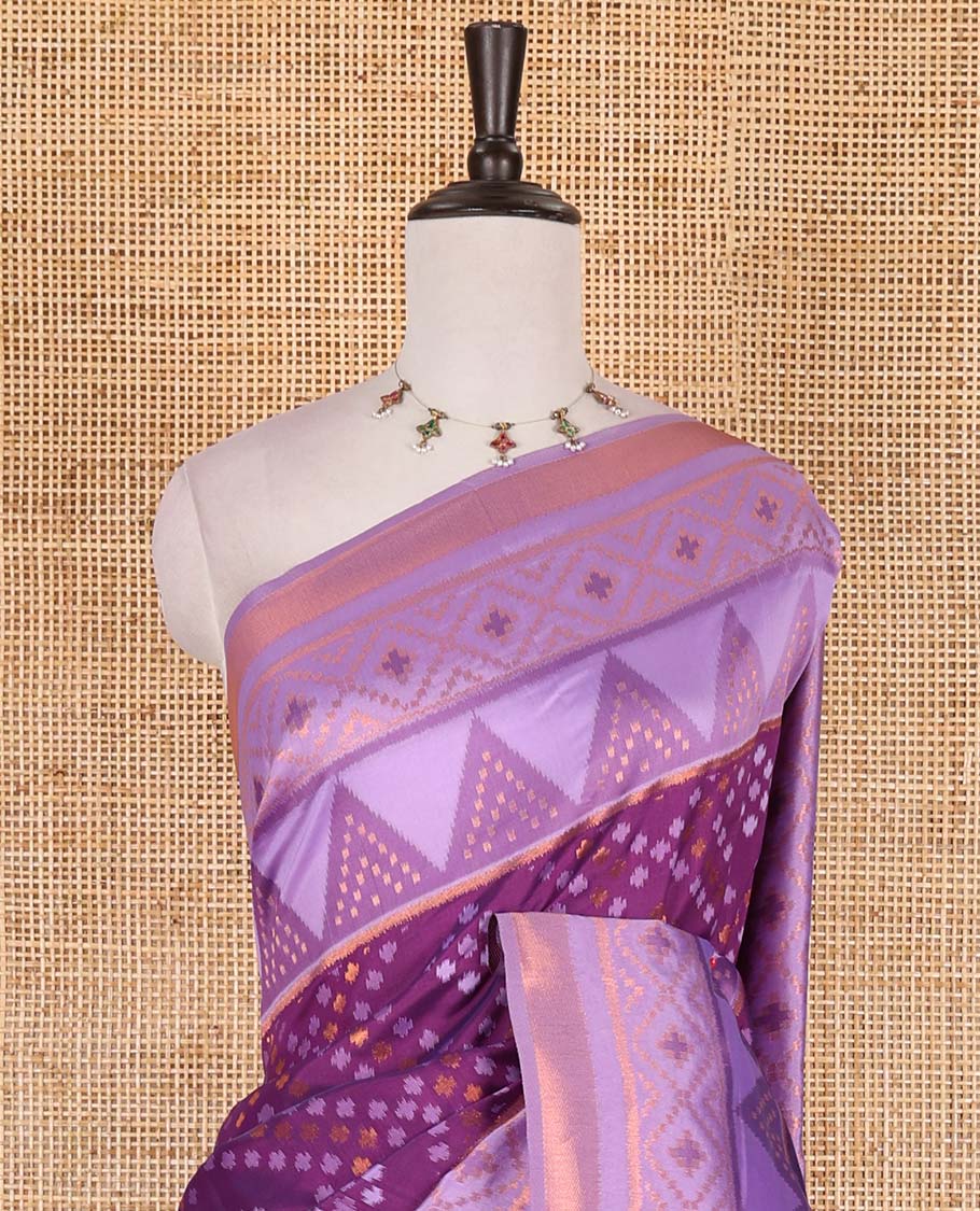 Dark violet ikkat style zari and thread buttas elite soft silk saree, contrast ikkat design border, geometric patterned pallu, and a contrast blouse - Image 3