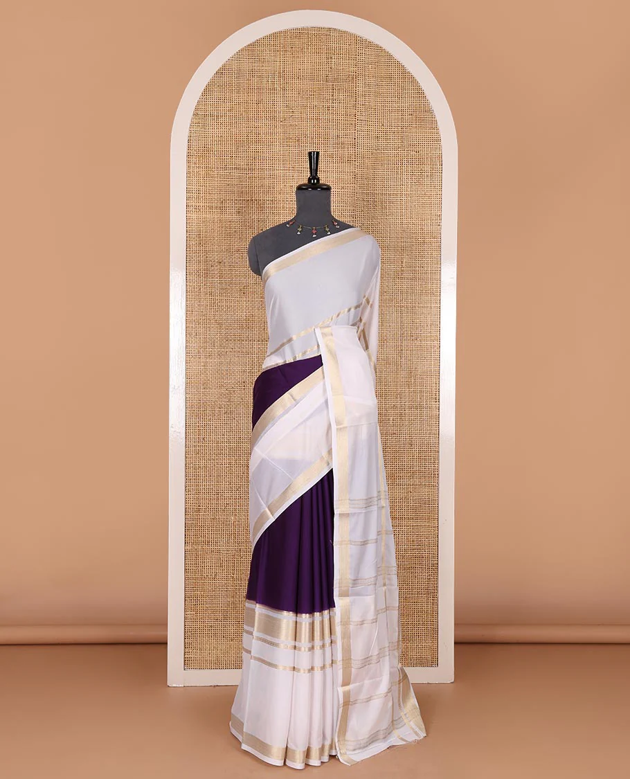Dark violet plain Art Mysore silk saree, contrast traditional zari big border, zari striped pallu, and a matching zari design blouse - Image 2