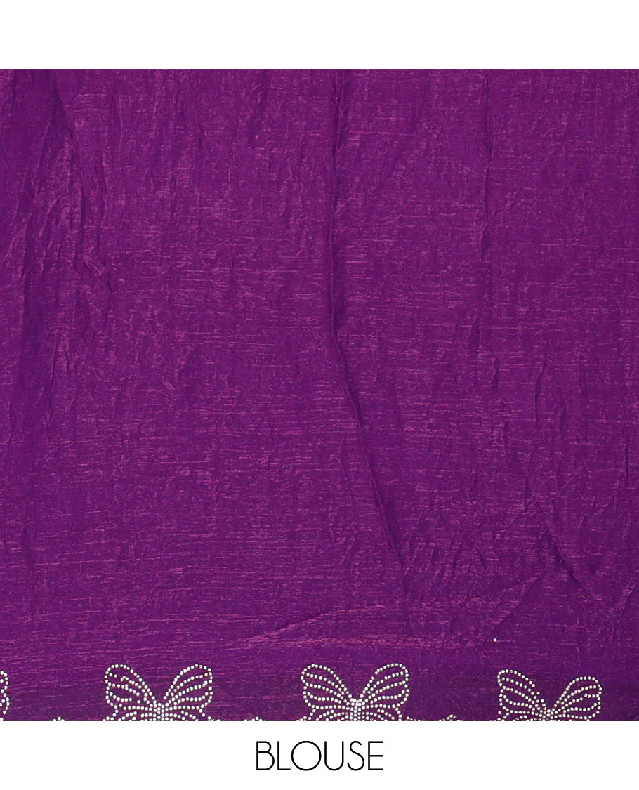 Dark violet plain fendy chiffon saree, scallop border of butterfly motifs in stone work, self-pallu, and a matching blouse - Image 3