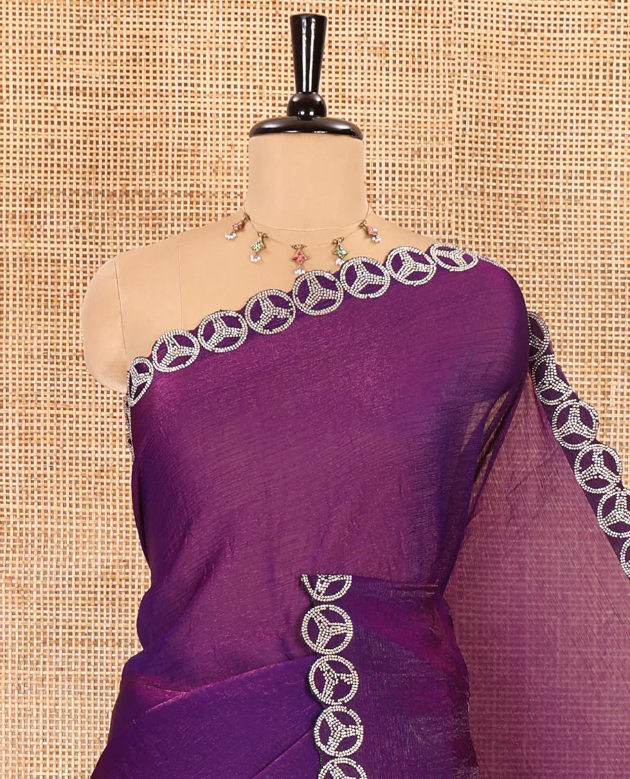 Dark violet plain fendy chiffon saree, scallop micro stone border, intricate stone work pallu, and a matching micro-stone blouse - Image 2