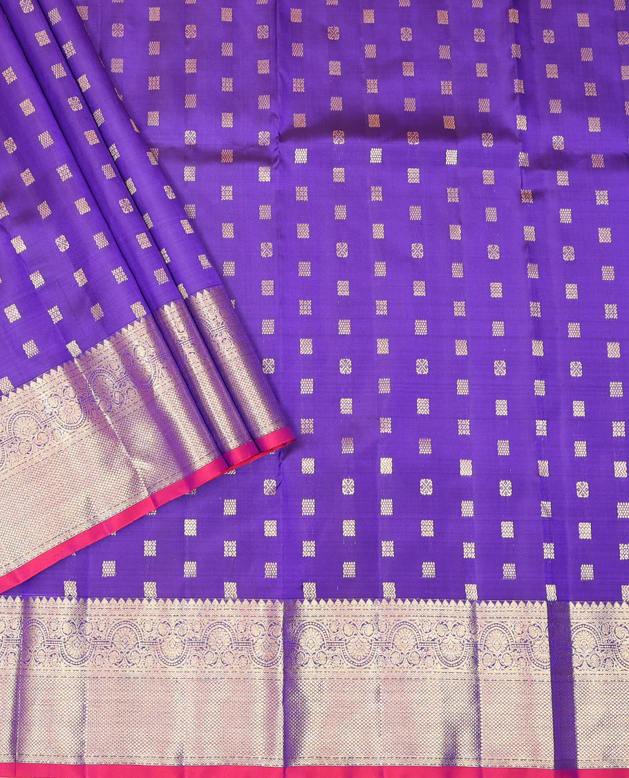 Dark Violet Pure Silk Half-Saree Beautified with Zari Buttas on Its Skirt, Complemented by a Zari Border Featuring Thilakam Mokku, Rettai Nelli, and Mayil Kann Designs, Comes with a Contrast Blouse and a Dhavani of Butta Enclosed Jaal Designs - Image 2
