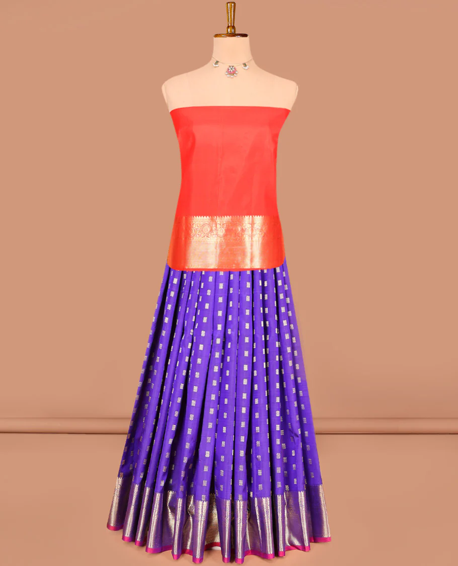Dark Violet Pure Silk Half-Saree Beautified with Zari Buttas on Its Skirt, Complemented by a Zari Border Featuring Thilakam Mokku, Rettai Nelli, and Mayil Kann Designs, Comes with a Contrast Blouse and a Dhavani of Butta Enclosed Jaal Designs - Image 3