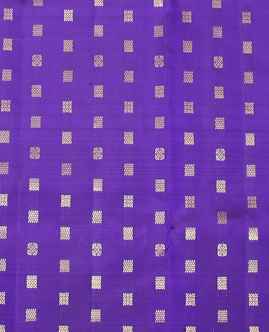 Dark Violet Pure Silk Half-Saree Beautified with Zari Buttas on Its Skirt, Complemented by a Zari Border Featuring Thilakam Mokku, Rettai Nelli, and Mayil Kann Designs, Comes with a Contrast Blouse and a Dhavani of Butta Enclosed Jaal Designs - Image 4